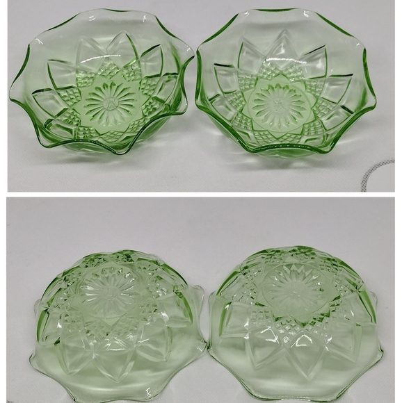 Vtg. Hazel Atlas Uranium Glass Diamond Arches Fruit Bowl With‎ 6 Berry Bowls - Picture 9 of 12